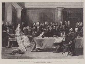 De Koningin die haar Eerste Raad voorzit bij haar Troonsbestijging, 20 juni 1887